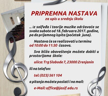 MUZIČKA ŠKOLA ORGANIZUJE PRIPREMNU NASTAVU ZA PRIJEMNI ISPIT ZA BUDUĆE SREDNJOŠKOLCE